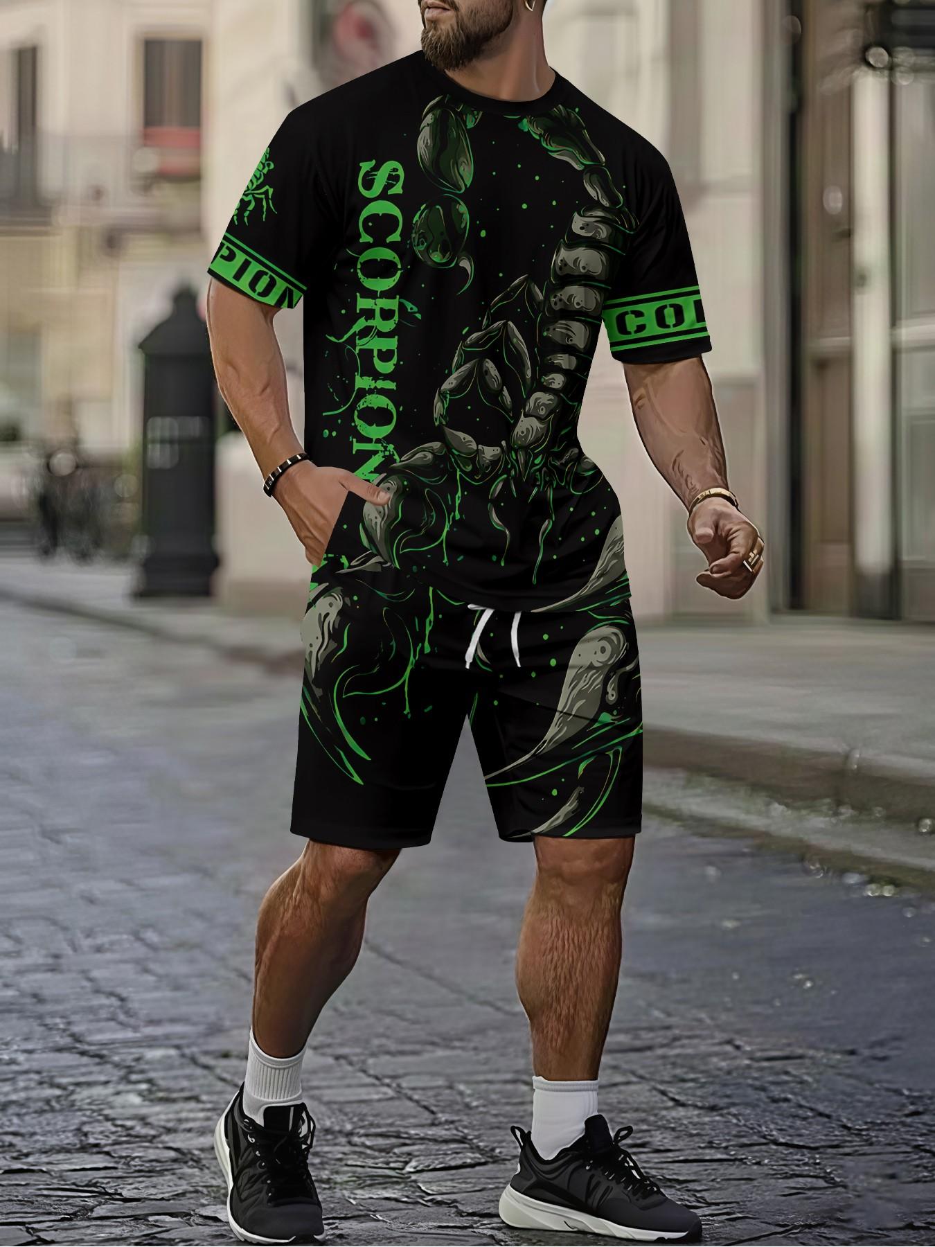 Men's 3D Digital Printed Two-piece Set with Green and Black Scorpion Ink Wash Trendy Casual Pattern, 2 Pieces, Fashion Retro Casual Outfit, Tropical Vacation-style Trendy Wear, Breathable Sports Casual Style, Ideal Holiday Gift for Men