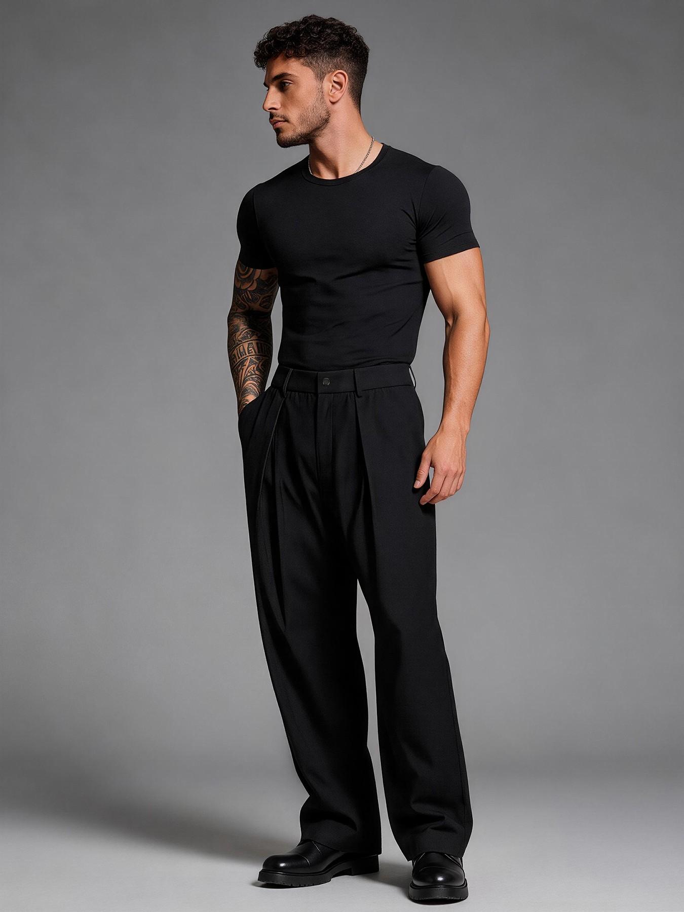 Men's High Waist Pleated Wide Leg Dress Pants, Casual Straight Leg Trousers with Button Detail, Relaxed Fit Business & Streetwear Pants for Men, Menswear