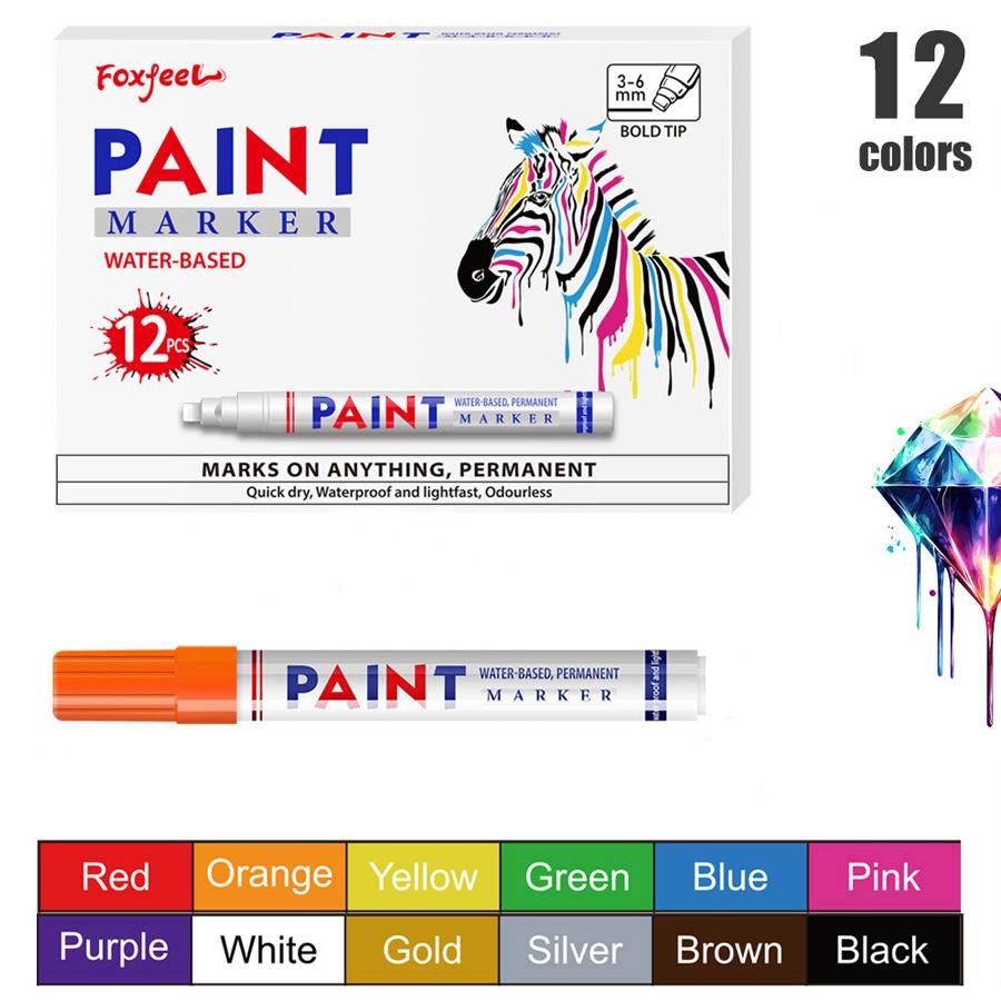 12 Color Vibrant Quick-Drying Permanent Paint Pens, Waterproof Oil-Based Markers Set for Tires Rocks Wood Glass DIY Crafts, All Surfaces Non-Fade