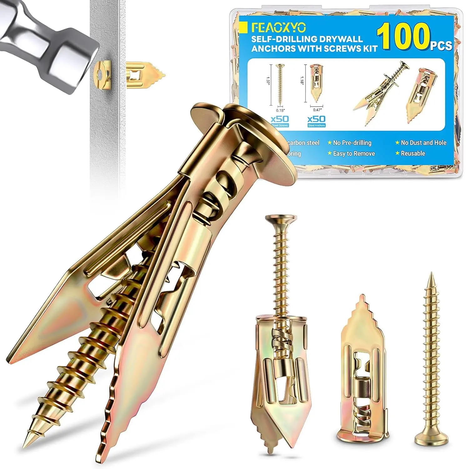 100 PCS Self Drilling with Screws Kit, Zinc Plated |   Wall Provide Installation for Projects, for Shelves, Mirrors, Picture Frames and Home Decor