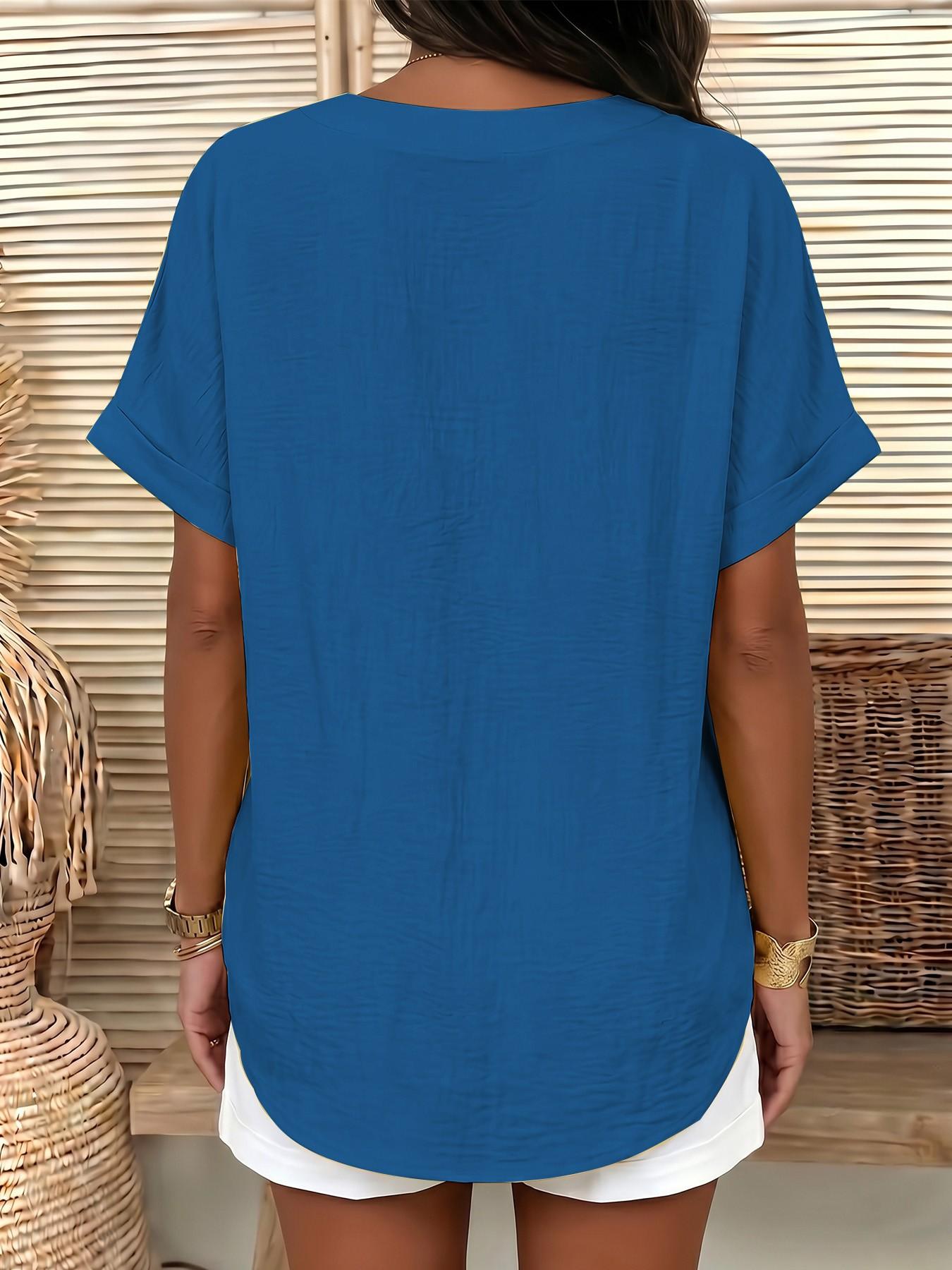 2026 European Style V Neck Short Sleeve Shirt, Casual Fitted T-Shirt, Summer Loose Fit, Hides Belly, Tall Look, Versatile Top