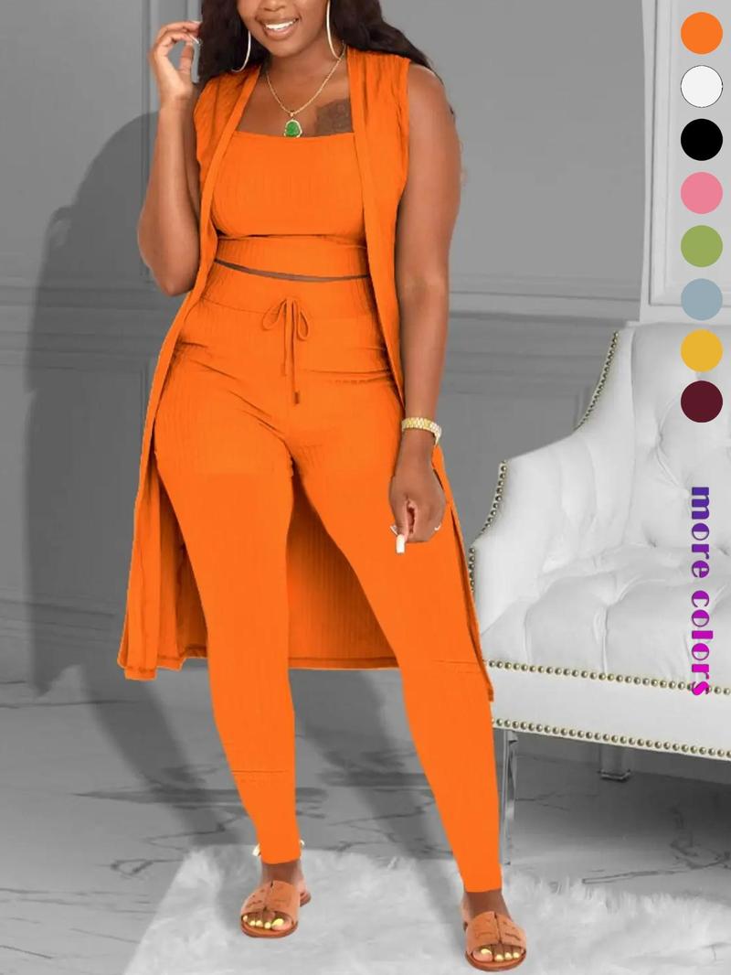 Three-Piece Set Women's Solid Crop Tank Top & Tie Front Pants & Open Front Outerwear Set, Casual Cropped Top & High Waist Trousers & Outerwear, Ladies Clothes for Daily Wear