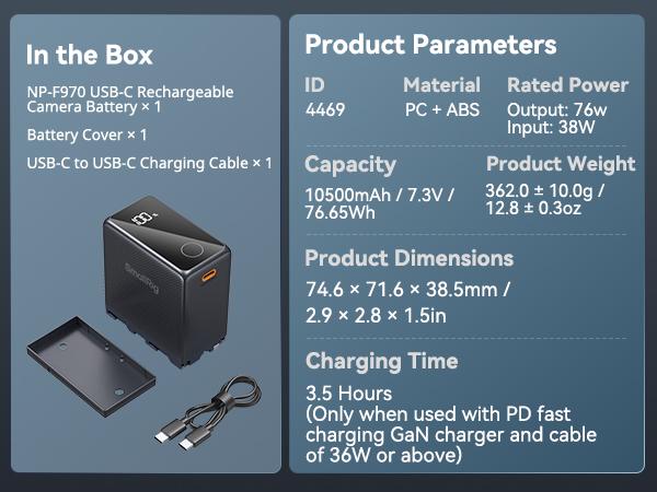 SMALLRIG NP-F970 Battery 10500mAh USB-C Replacement Battery for Sony NP-F970 F750 F550, PD 36W Fast Charging, 3.5H Full Charged, with OLED Screen for Monitor, LED Video Light, Camcorder, Black - 4469