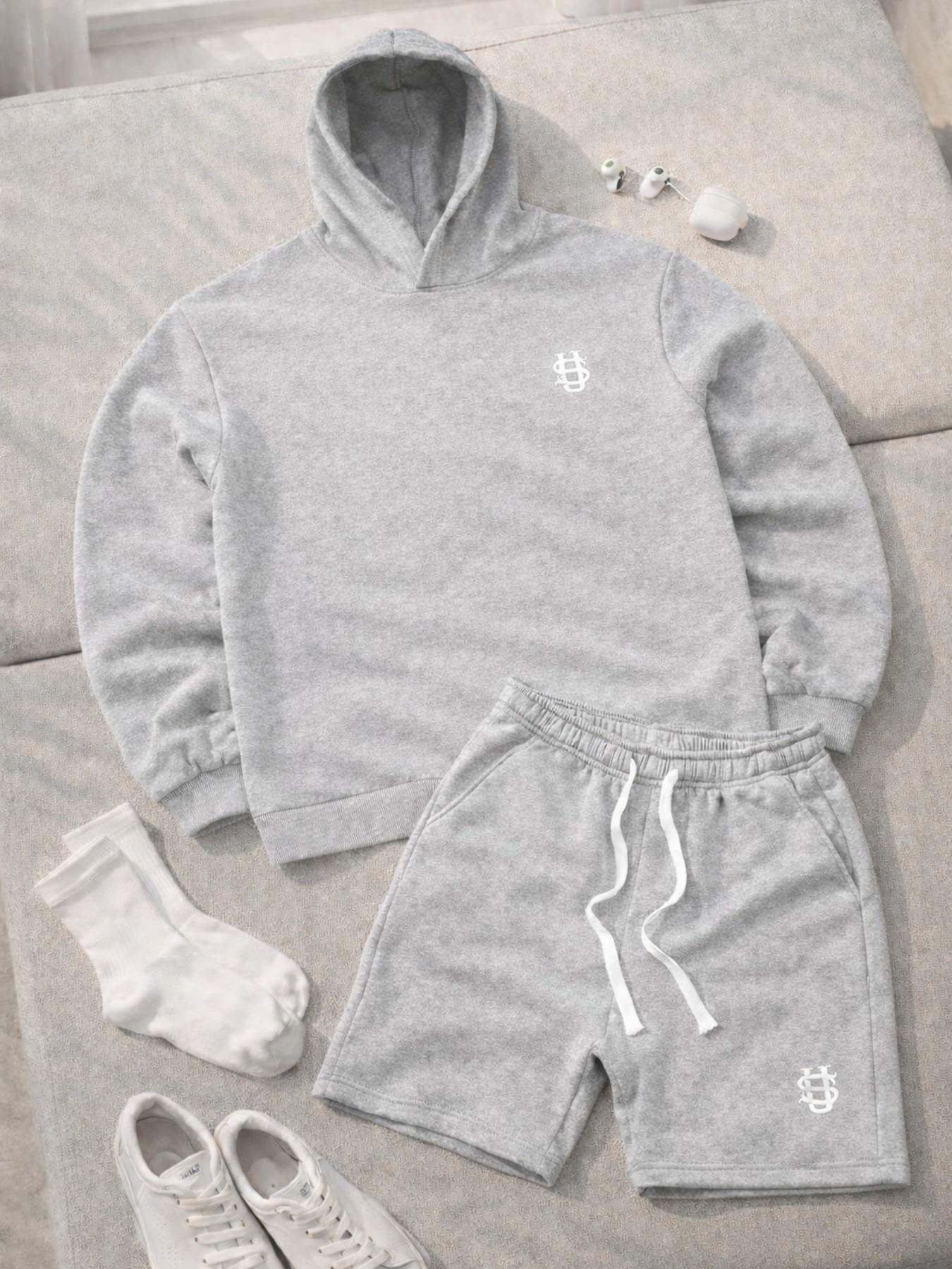 Men's 2-Piece Heavyweight Hooded Tracksuit, Oversized Embroidered Loungewear Set, Sweat Shorts, Streetwear Essential for Summer