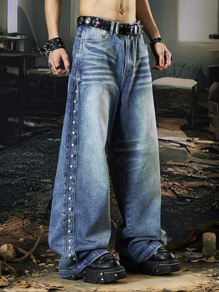 Men's Light Blue Washed Straight Leg Jeans, Vintage Y2K Style, Simple Versatile Denim Jeans, Suitable for All Seasons