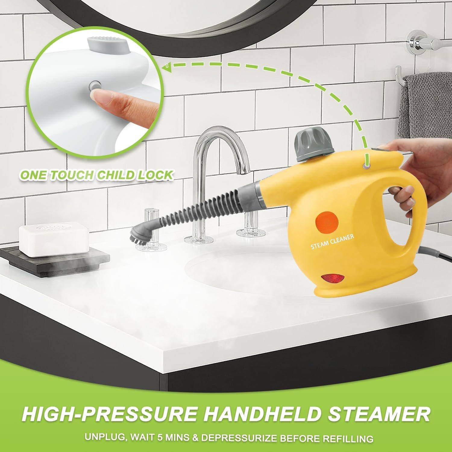 Pressurized Handheld Steam Cleaner with 350ml Capacity, 13-Piece Accessory Kit, Safety Lock, ABS Shell, Heat Insulating Closed Heating System for Bedroom, Living Room Floors (Yellow)