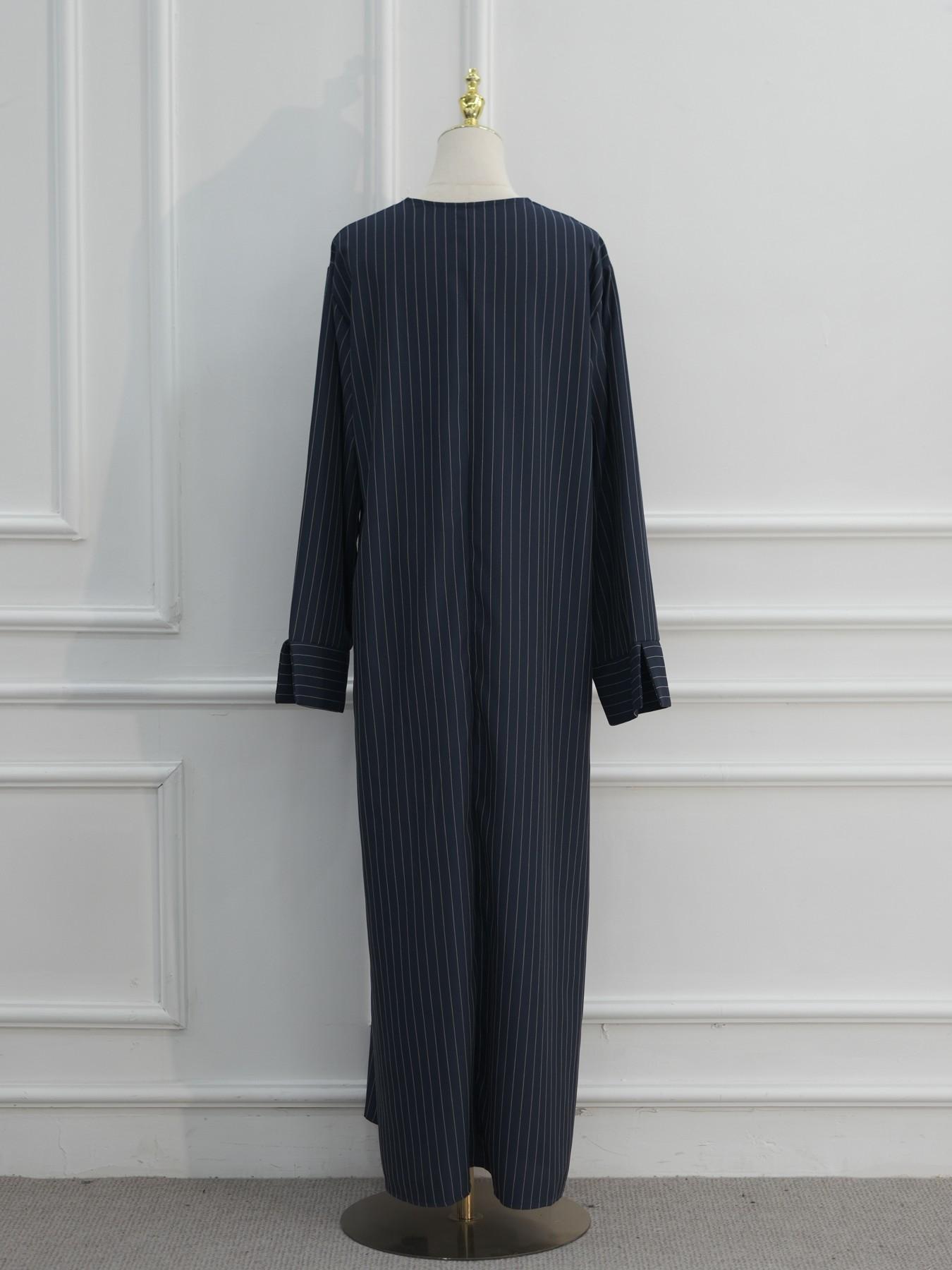 Muslim Women's Loose Striped V Neck Dress Robe, Strong Wrapping, Contains Pockets, No Headscarf, Long Sleeve, Modest Style