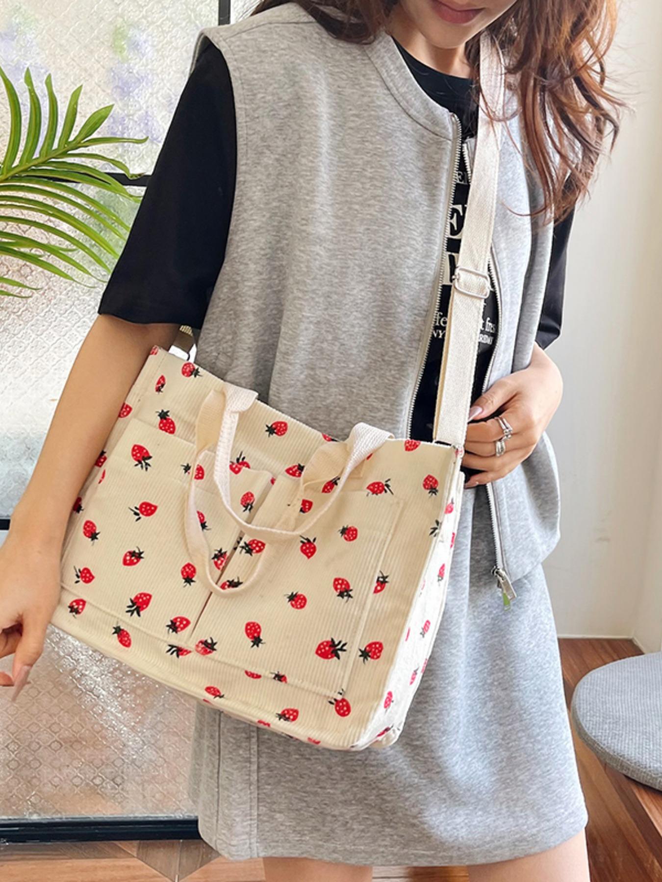 Stylish Strawberry Print Crossbody Shoulder Bag, Large Capacity Multi-Pocket Design, Perfect for Daily Commute & Shopping Needs, Floral Embossed Satchel