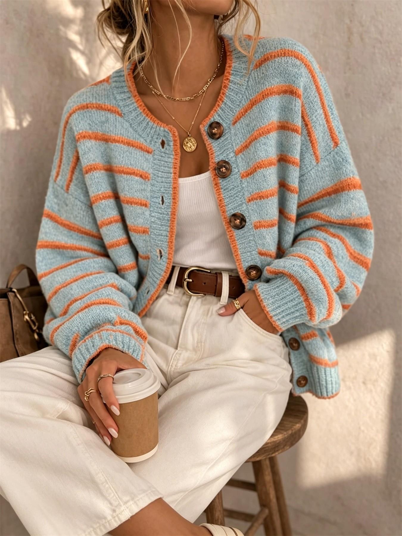 Women's Round Neck Drop Shoulder Single-Breasted Contrast Stripe Long Sleeve Fall/Winter Casual Fashion Loose Versatile Knit Cardigan – Urban Commute, Retro Street Sweater Wear