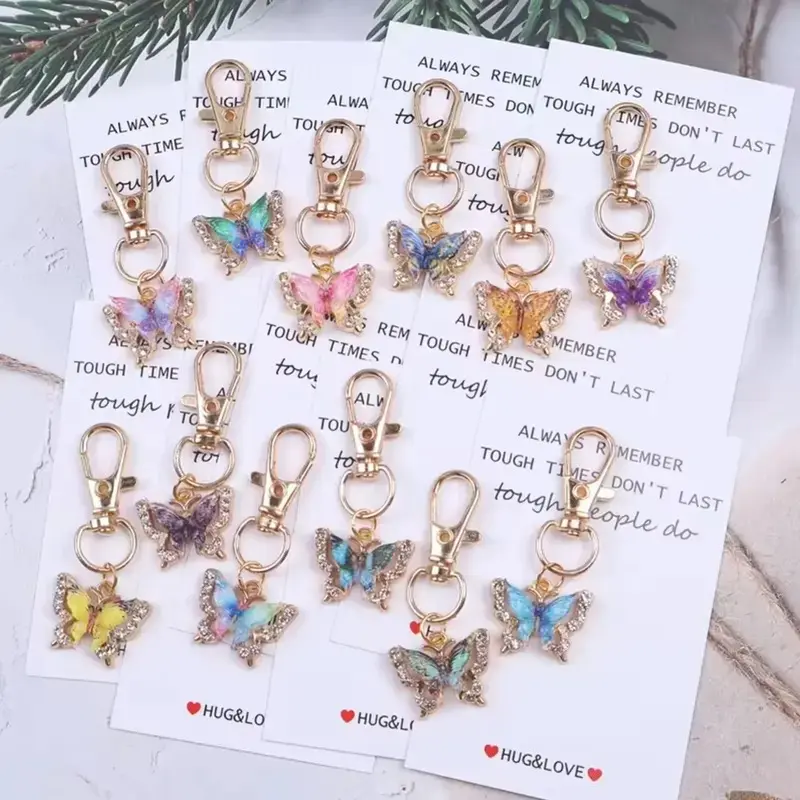 12pcs Pastel Butterfly Keychain Set,Butterfly Pendant With Encouraging Quote Card, Lobster Clasp Charm, Decorative Accessory For Handbags And Luggage, Inspirational Pocket Hug Token For Birthday Gifts And DIY Craft Projects