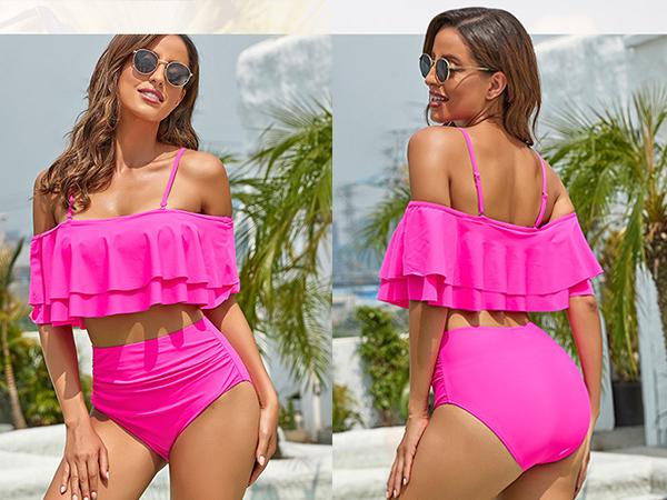 Tempt Me Women Two Piece High Waisted Bikini Set Tummy Control Bottoms Ruffle Swimsuits Off Shoulder Bathing Suits Plus Size Swimsuit with High Rise Bikini Bottom Strapless Swimsuits Scoop Neck