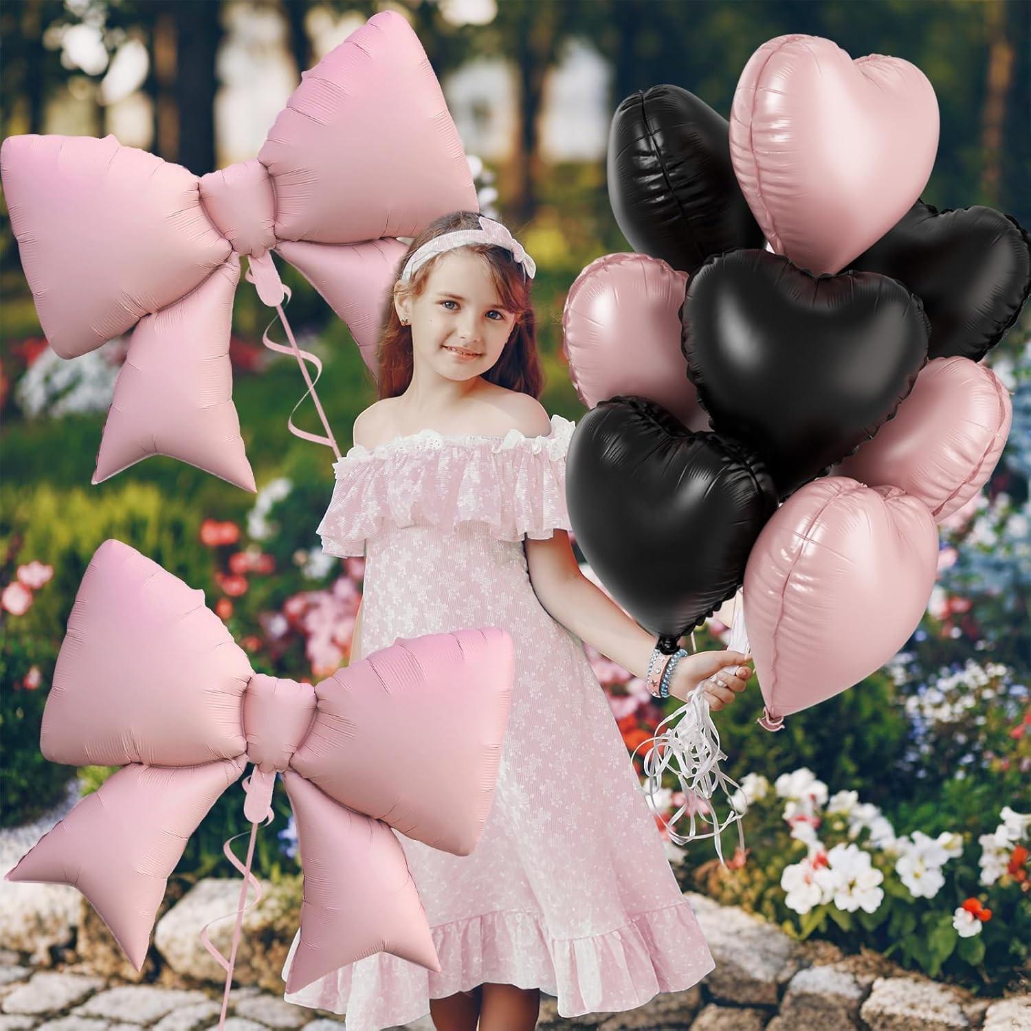 Pink and black heart-shaped bow balloons, 8 18 inch heart-shaped balloons and 2 38 inch butterfly balloons (with 2 accessories), suitable for girls' birthdays, baby showers, bridal wedding party decorations
