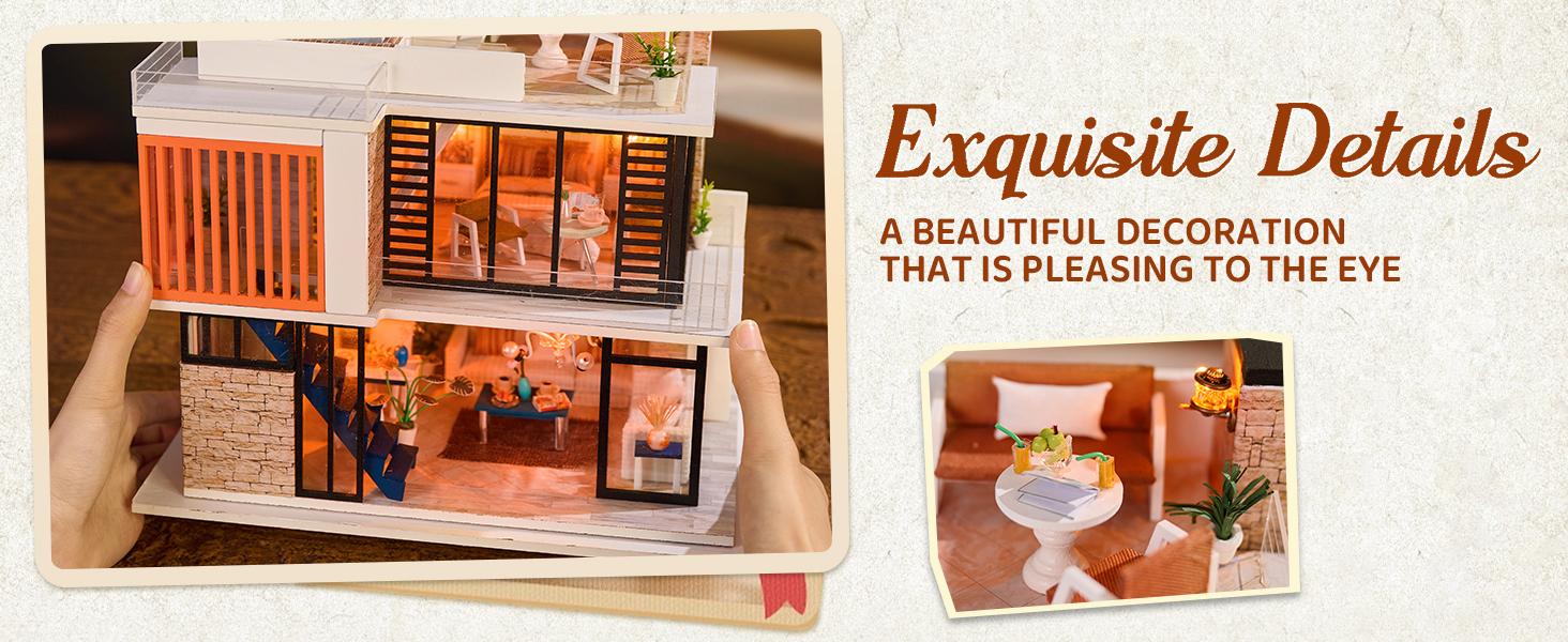 Spilay Laser Cut DIY Wooden Miniature Dollhouse Kit for Adults, Crafting Handcraft Mini-Architecture Building Block Toy with Warm Light, Music Box, Detailed Furniture & Bookshelf Decor Gift Option