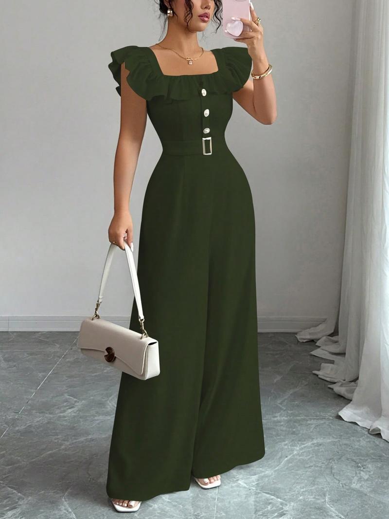 New Women's Square Neck Ruffle Mock Front Belted Button Pants, Casual Fitted Long Pants for Spring & Fall, Elegant Commuter Wear Jumpsuit