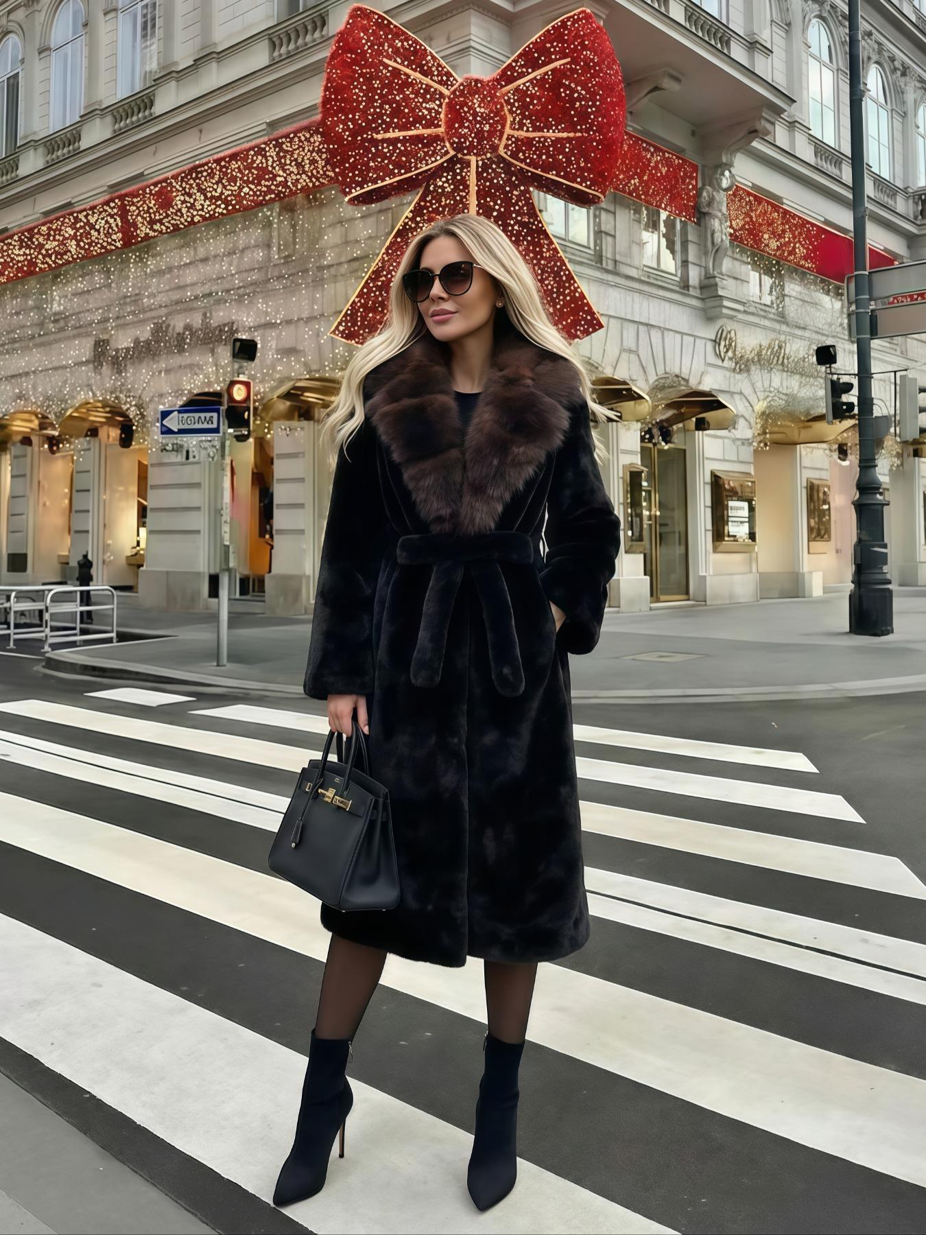 Women's Faux Fur Coat, Autumn Winter Chic Fashionable Long Sleeve Jacket, Elegant Thick Retro Loose Fit Medium-Length Outerwear