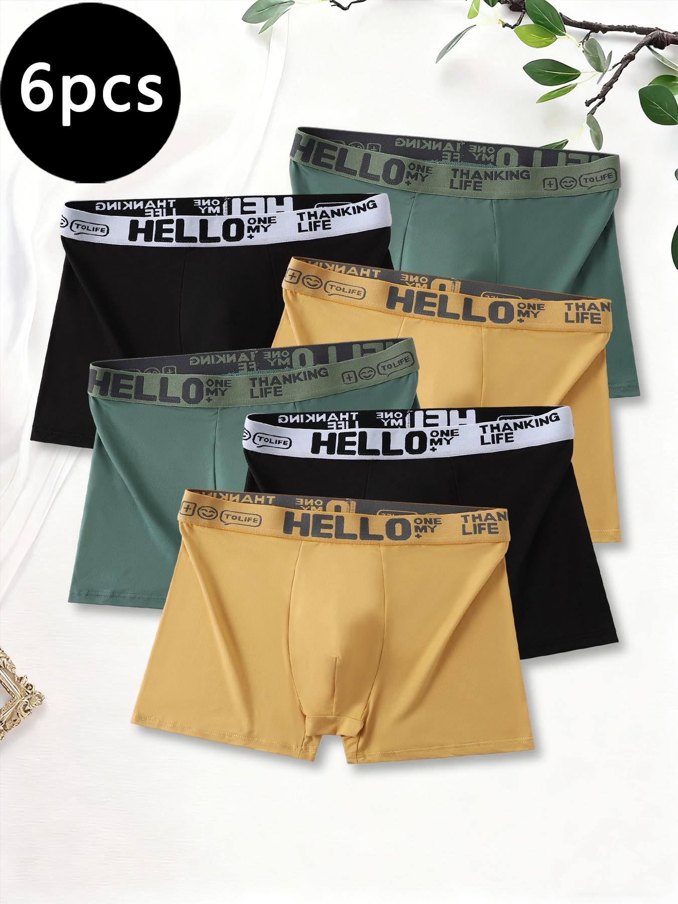 6-Pack Multi-Color Solid Men’s Polyester Boxer Briefs with Letter Waist, Stretchy Breathable Underwear for Daily Workout Comfort