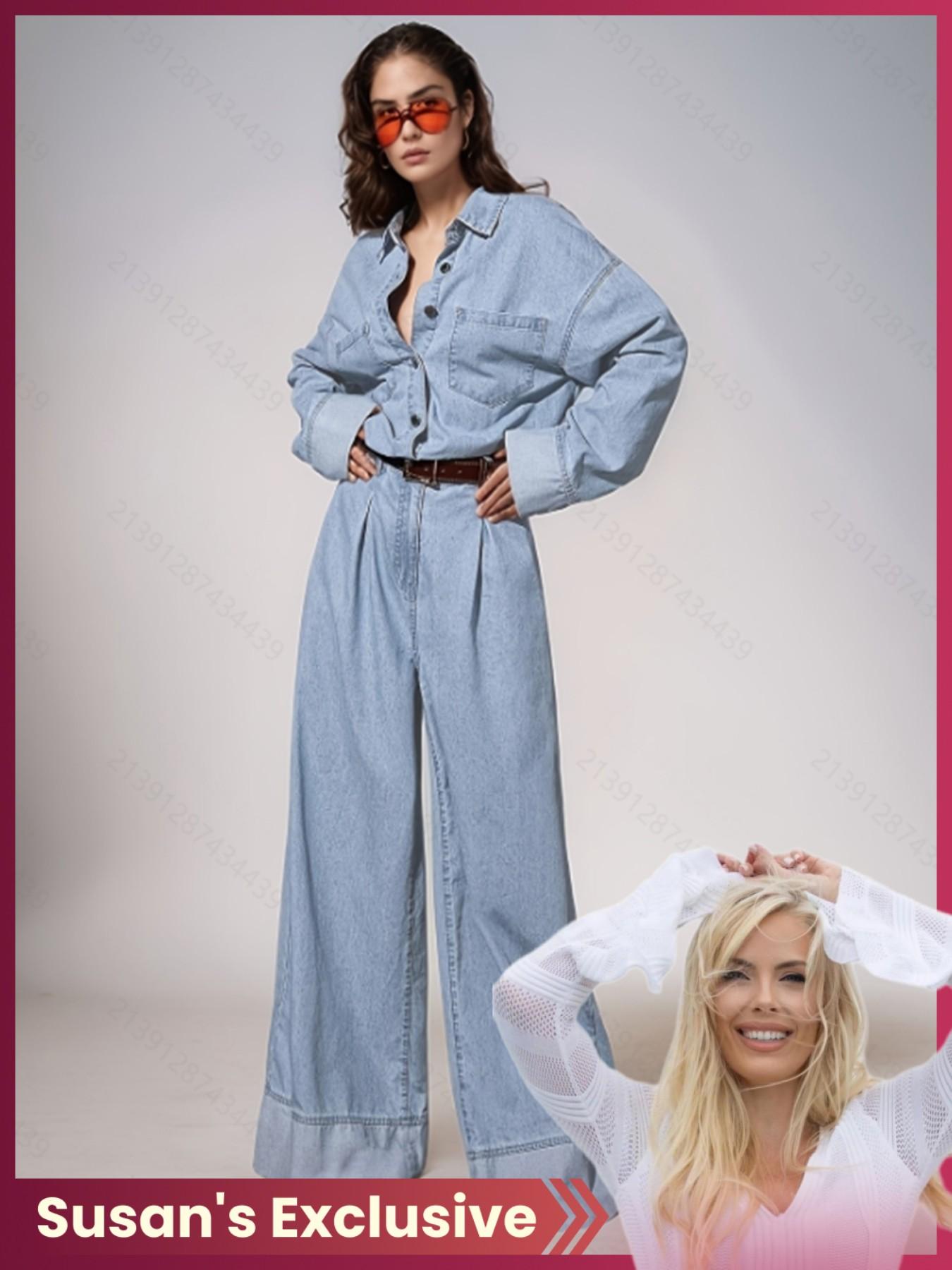 Women's Casual Long Sleeve Washed Denim Jumpsuit Overalls, Wide Leg Long Pants (no Belt Included), Susan's Exclusive Style, Comfortable and Stylish