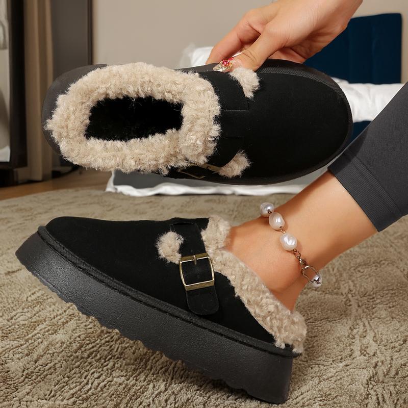 Women's Soft Plush Slip-On Slippers With Buckle Warm Lined Anti-Slip Flat Sole Fashion Wear For Fall Winter