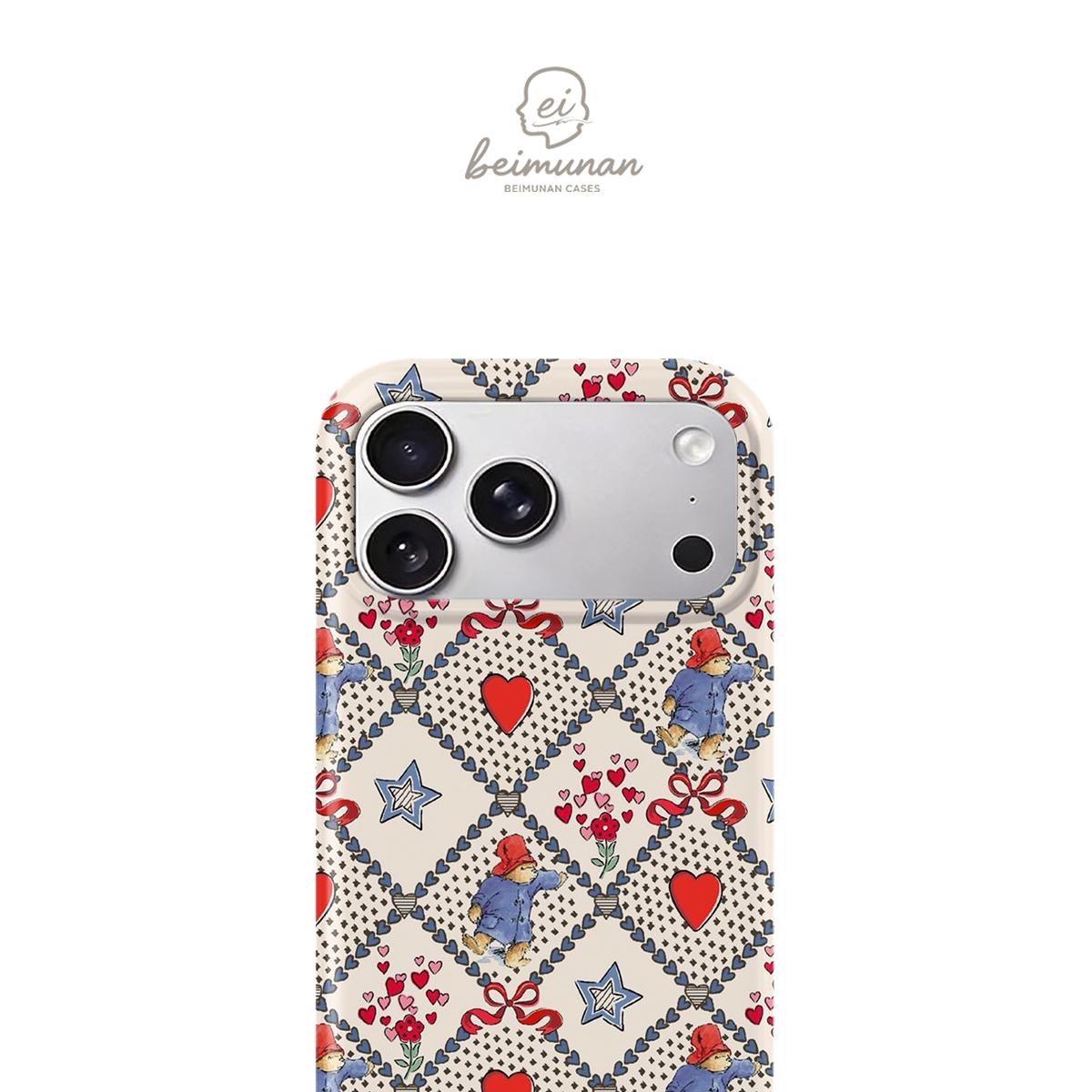 Paddington Bear with Hearts Stars Bows Watercolor Pattern Print Phone Case,Suitable for iPhone 17 16 15 14 13 12 Pro Max, Samsung Galaxy S25 S24 S23 S22 Ultra series holiday gift simple and fashionable protective case