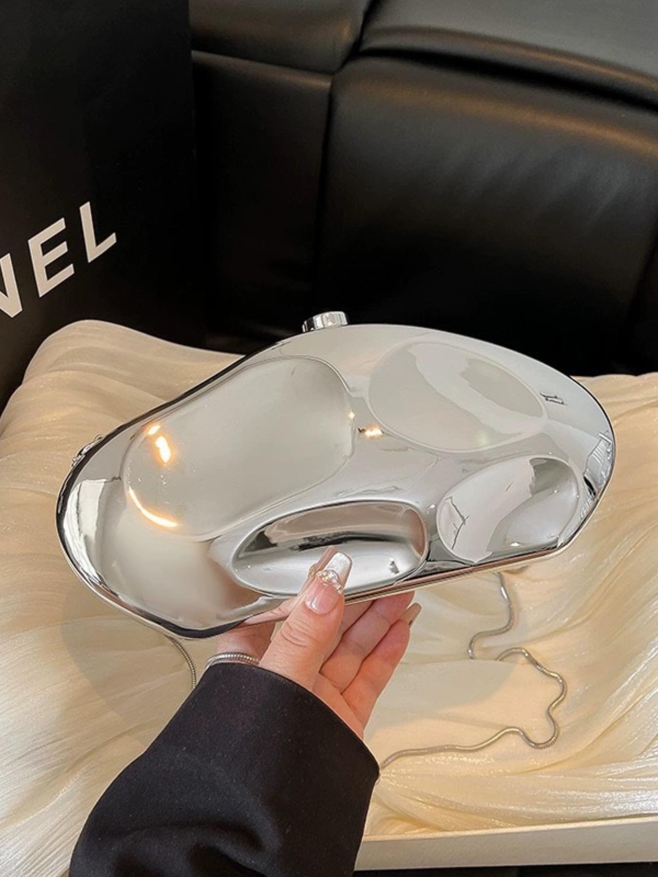 Elegant Acrylic Shoulder Clutch, Cute New Fashion Evening Bag, Luxury Crossbody Bag, Silver Gold Bead Handbag, Small Oval Shiny Handheld Bag, Trendy Chain Multi-Use Bag