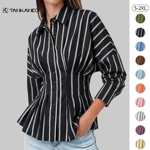 Tankaneo Women's Collared Long-Sleeve Striped Button-Down Blouse - Fitted Cinched Waist Peplum, Breathable Button Front Design, All Season Top, Business Casual Work Clothes Women Long Sleeve Tops Office Wear