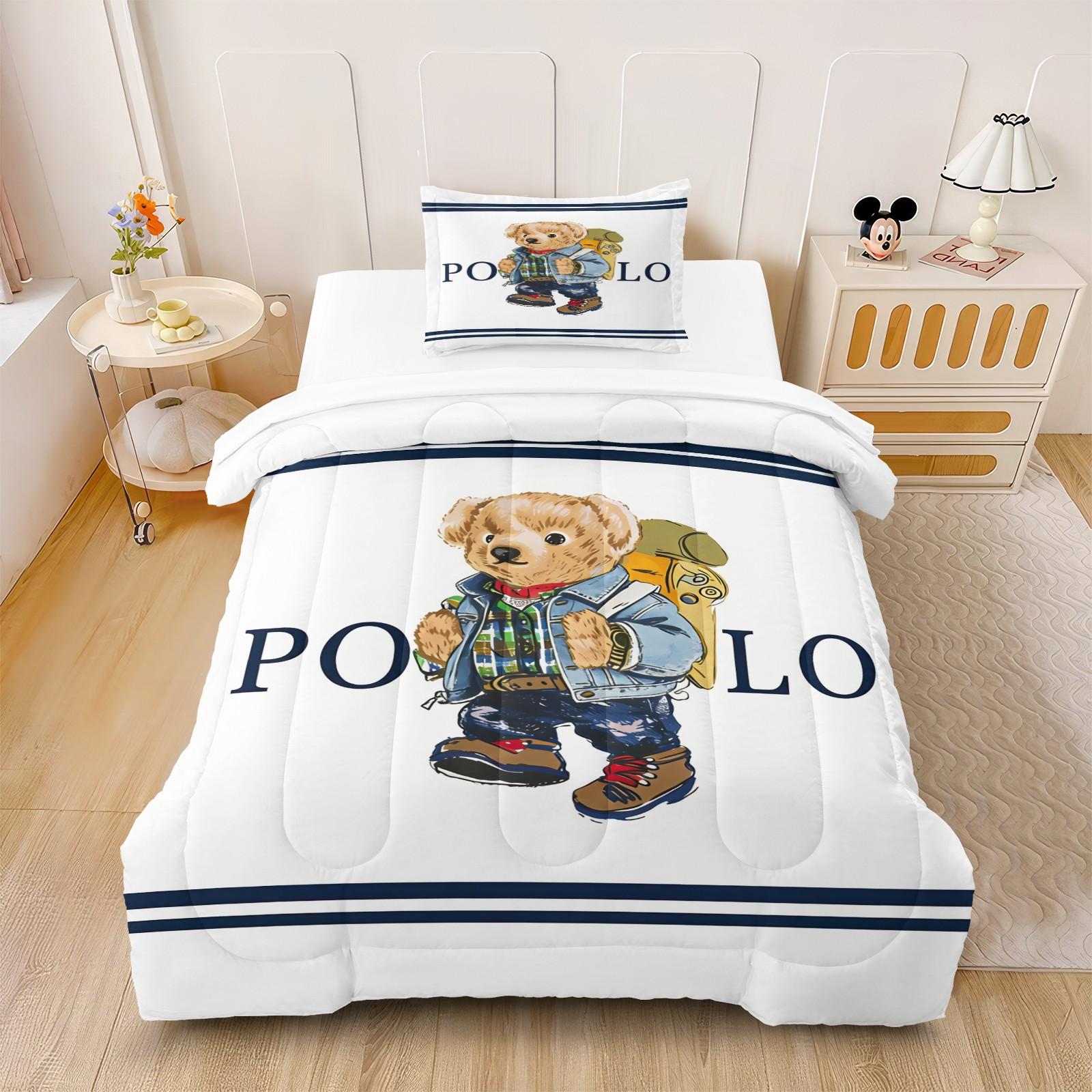 Ling grid patterned teddy bear printed bedding set, including 1 blanket and 1 or 2 pillowcases without pillowcases, soft children's or adult bedroom decoration gift Soft Bedding Sets