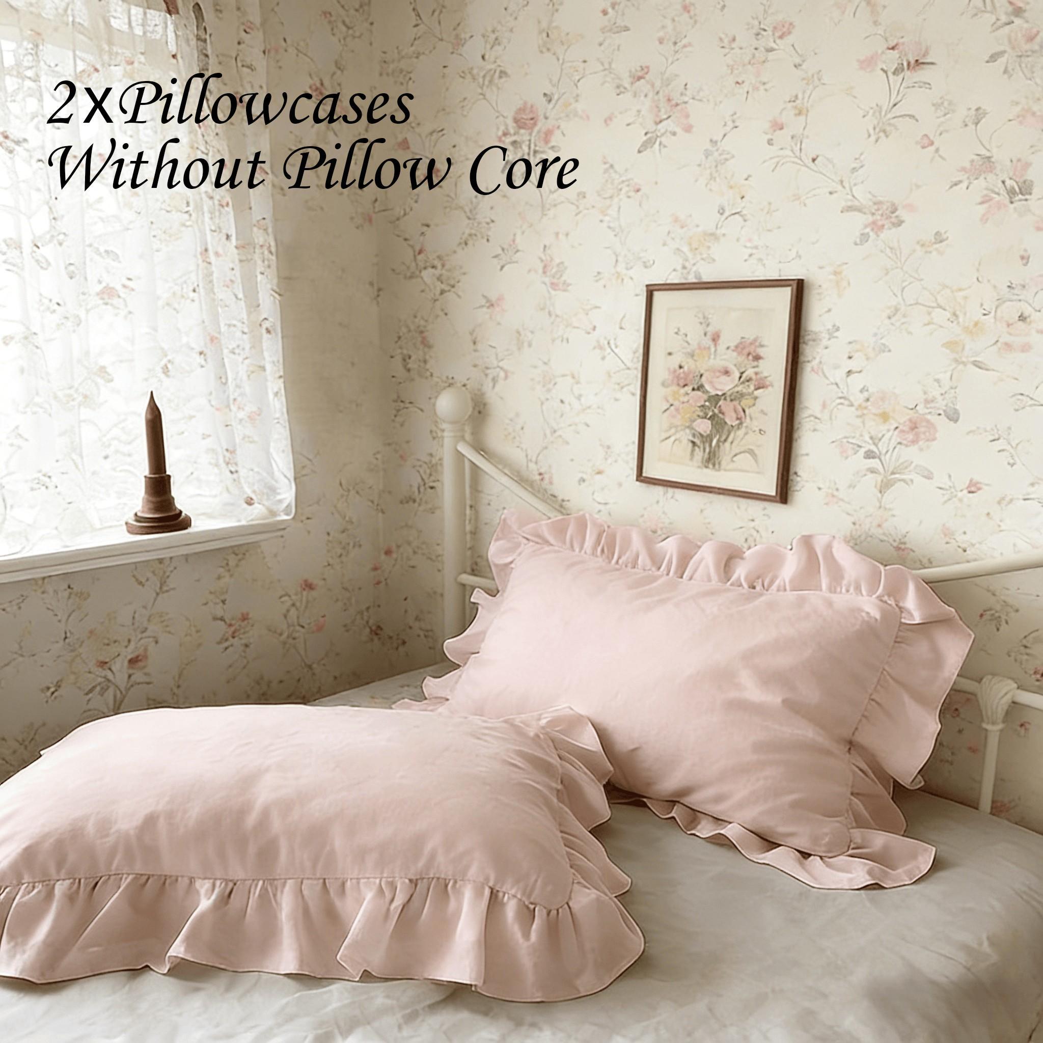 2pc Vintage Ruffle Flower Pillowcases, Pure Color Style, No Filling, Suitable for Bedroom Decor, Sofa Cushion, Bed Pillowcases Decoration
