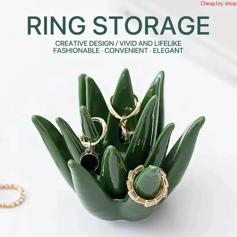 Ceramic Aloe Ring Holder, Succulent-Shaped Jewelry Display Stand with Glossy Finish, Decorative Ring Organizer for Vanity, Dresser and Desk, Gift for Women and Mom