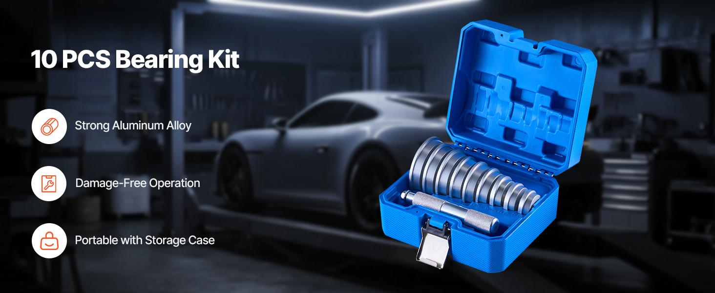 VEVOR Bearing Press Kit, 10 Pcs, Bearing Race and Seal Driver Set with 9 Bushings and Handle Shaft, Bushing Driver Tool Set, Heavy Duty Aluminum Alloy Removal Installation Tool Kit with Storage Case
