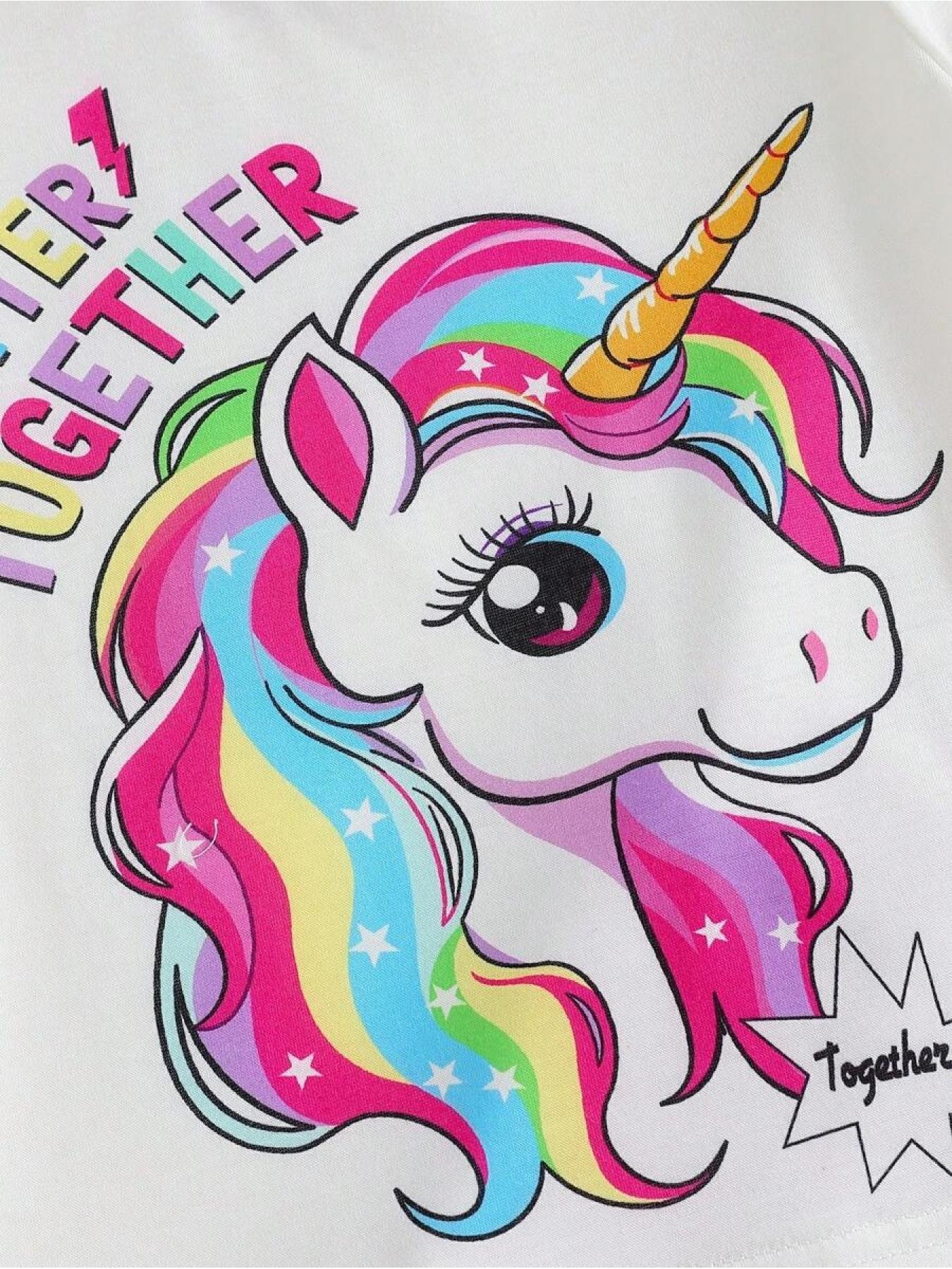 2pcs/Set Young Girls Colorful Unicorn & English Print Round Neck Short Sleeve T-Shirt And Elastic Waist Loose Shorts, Casual & Sports Outfit For Summer, School, Campus, College