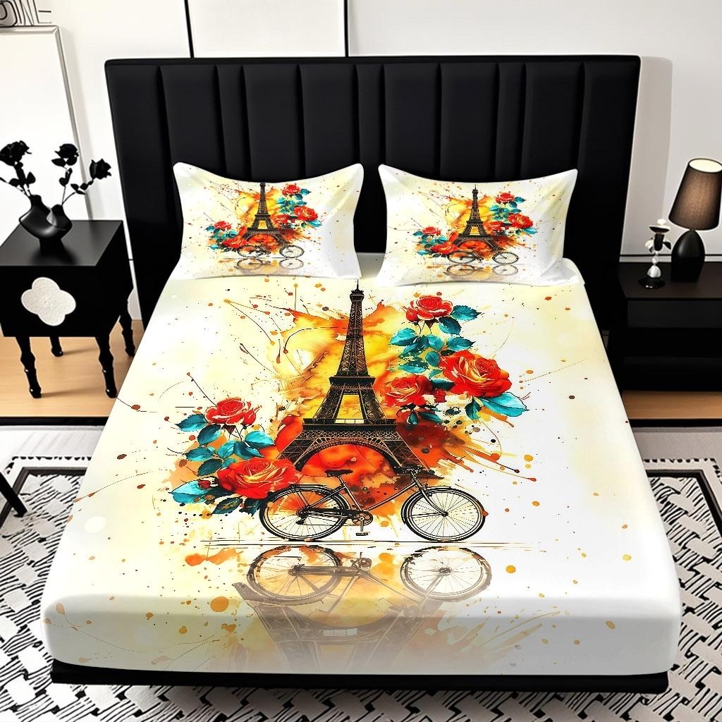 2/3 Pcs Paris Tower And Rose Pattern-themed Luxury Fitted Sheet Set(1*Fitted Sheet+1/2*pillowcase,no Filling)Skin-friendly Soft Digital Printed Bedding Set,suitable For New Year,festival Gifts For Family.suitable For All Year Round,machine Washable.