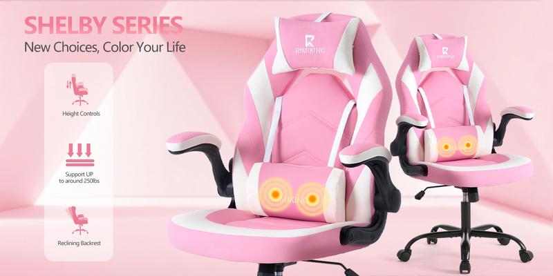 RIMIKING  Ergonomic Gaming Chair,Adjustable Lumbar Support,High-Back Design,Smooth Recline,Soft PU Armrests,Durable and Sturdy,360° Rolling Wheels