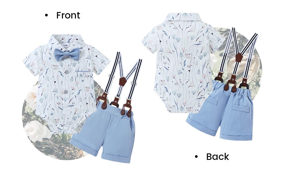 Baby Boy Gentleman 3-Piece Outfits Set - Floral Short-Sleeve Dress Shirt, 1Pc Bow Tie, 1Pc Suspender Short Pants (Elastane), Beret for 0-18M Infants (3-6M,12-18M,Father's Day,Thanksgiving), Fitted, Original Clothes