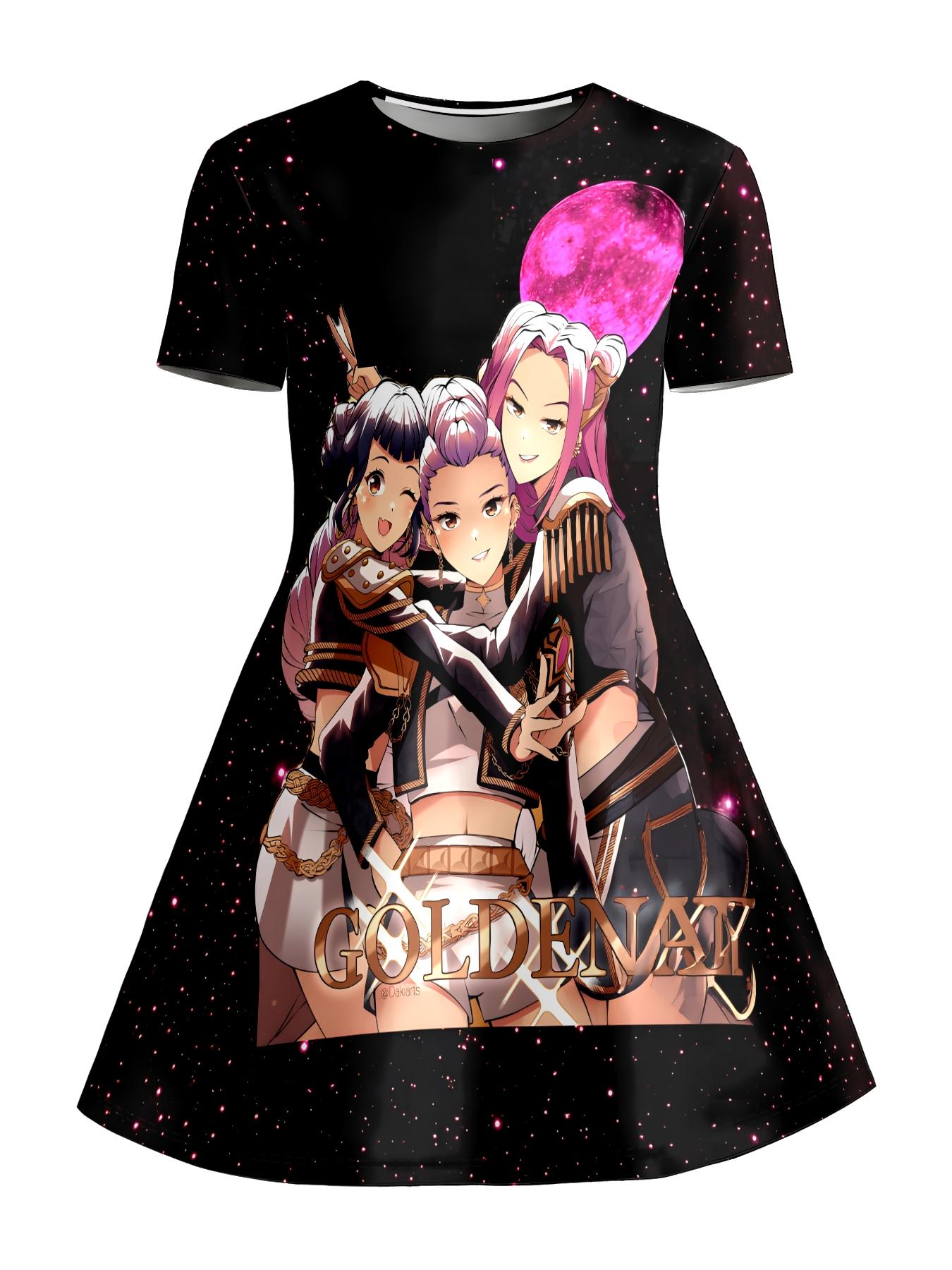 Girls Summer Anime Idol Print Dress, Kids Black Starry Sky Crew Neck Short Sleeve A-Line Skirt, Casual Princess Dress for Big Kids