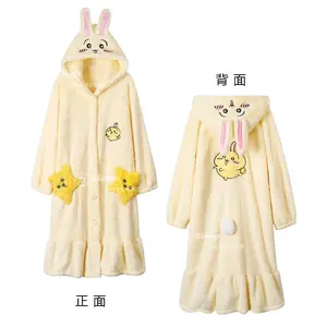 Anime Women Plush Pajamas Suit for Chiikawa Cartoon Usagi Winter Coral Velvet Nightwear Cute Plush Cardigan Home Wear Set
