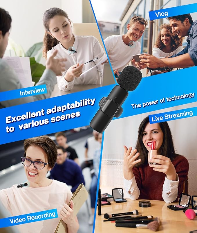 Wireless Microphone for Android/iPhone, Wireless Mic for iPhone 13 14 15 16 with Noise Reduction Chip, Mini Microphone for Recording Podcast YouTube, TikTok(2 Pack)