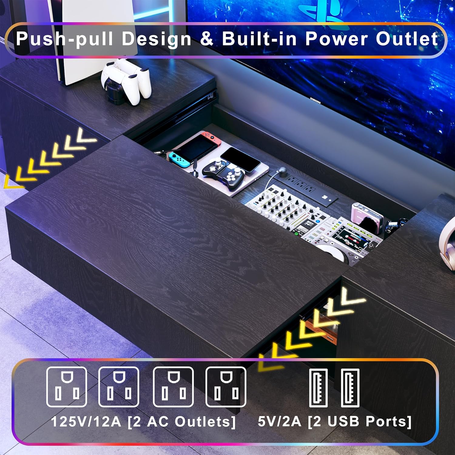 TV Stand for 75 inch TV, Entertainment Center with LED Light, Modern Wood TV Console with Texture Entertainment Stand with Highlight Storage Cabinet for TVs Up to 70-80" Black