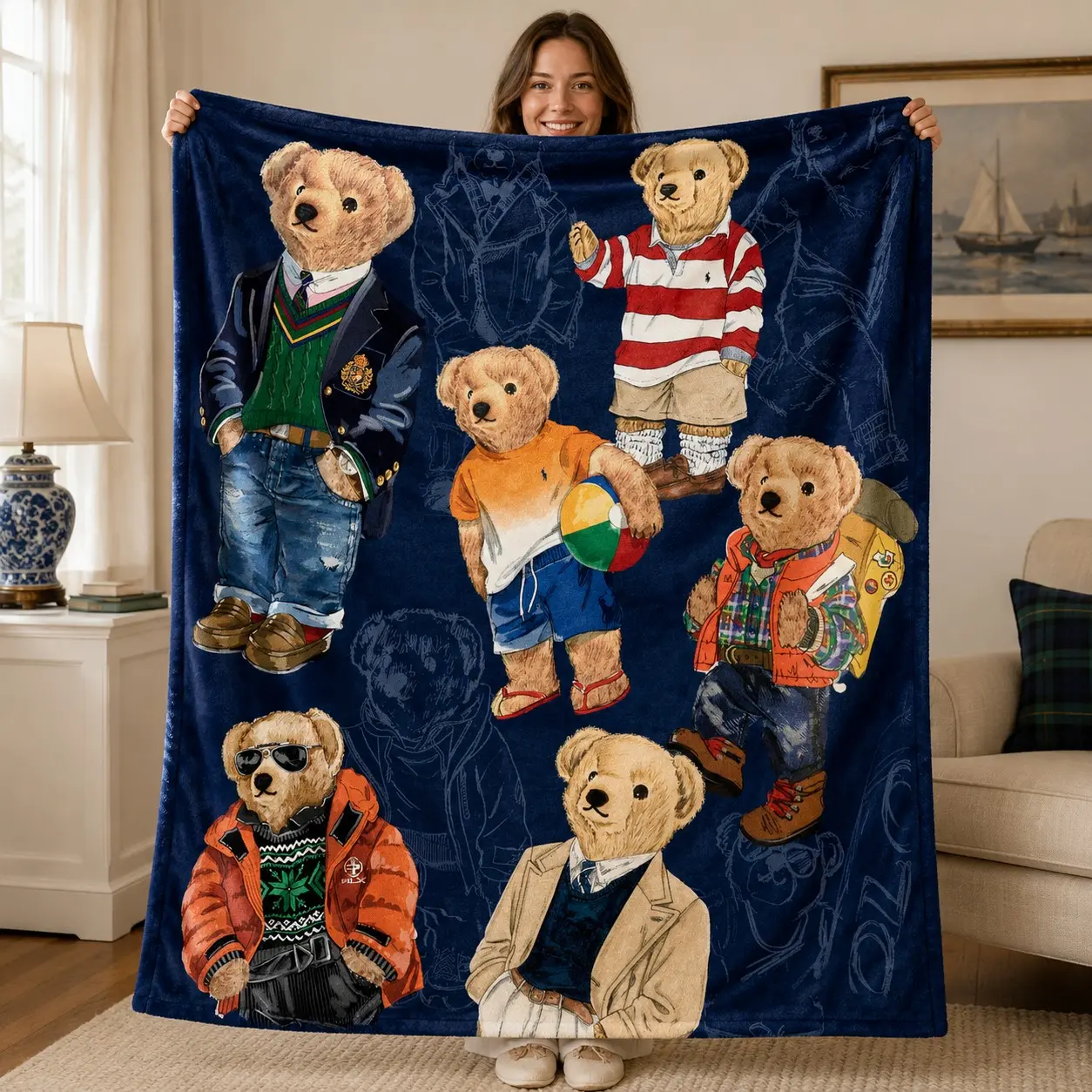 Polo Bear Flannel Blanket, Soft Cozy Lightweight Warm Throw, Preppy Teddy Bear Fashion, Ideal for Bed, Sofa, Office, Travel, Camping