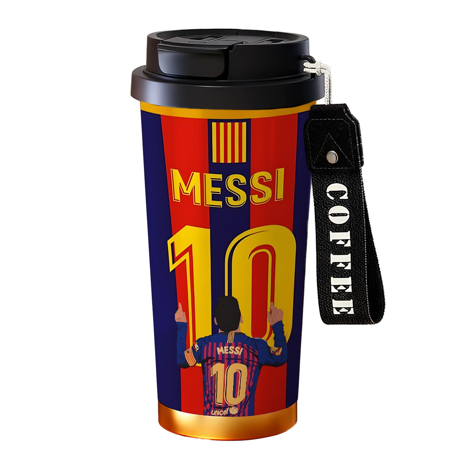 Auracup 18 oz Soccer Vacuum Tumbler, Messi 10 Design Double-Wall Stainless Steel Insulated Mug with Lid and Strap, Leak-Proof Skinny Portable Thermal Cup for Hot and Cold Drinks, Football Fan Coffee Travel Mug