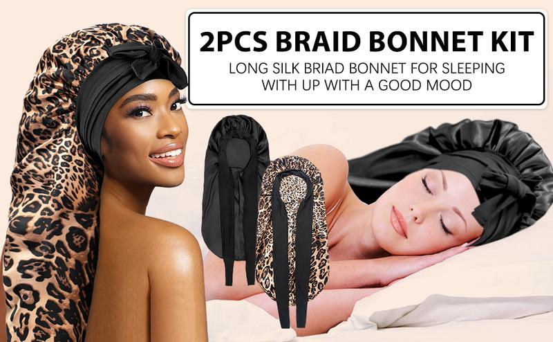 2 Count Satin Braid Bonnet for Women - Large Silk Sleep Cap Braids Soft Elastic Multifunctional Hair Care Haircare Heatless (Black&Leopard Print)