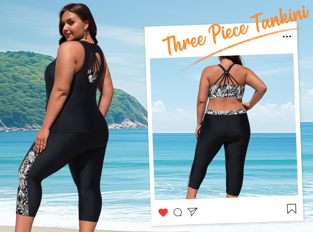 Yonique Three Piece Plus Size Swimsuits for Women Tankini Tops with Sports Bra and Swim Capris Athletic Bathing Suits