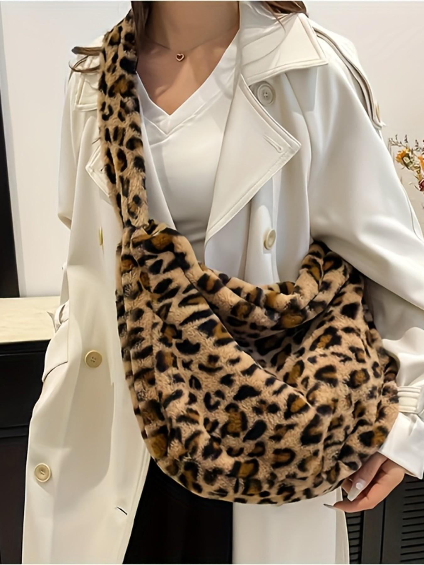Women's Plush Colorblock Handbag, Trendy Shoulder Crossbody Bag, Leopard Print, Street Fashion Medium Soft Zipper Purse
