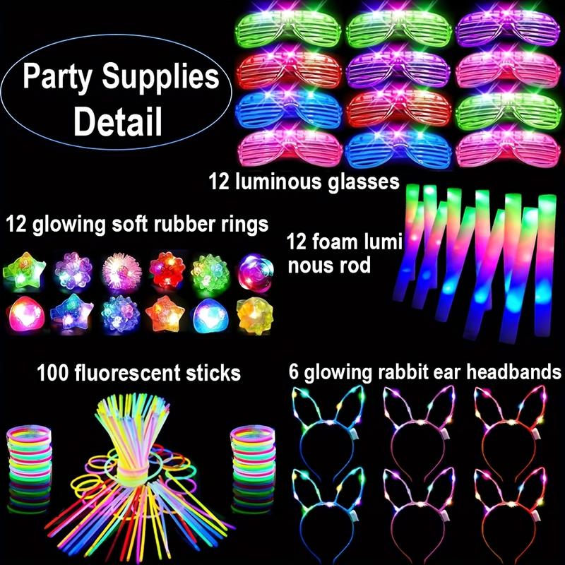 142 Pieces Light Up Party Set: 12 Pieces Foam Light Up Sticks, 12 Pieces LED Glasses, 100 Pieces Light Up Sticks, 12 Pieces Finger Lights, 6 Pieces Light Up Headbands for Weddings, Concerts, Raves, Birthday Parties, Mother's Day Decorations Colorful