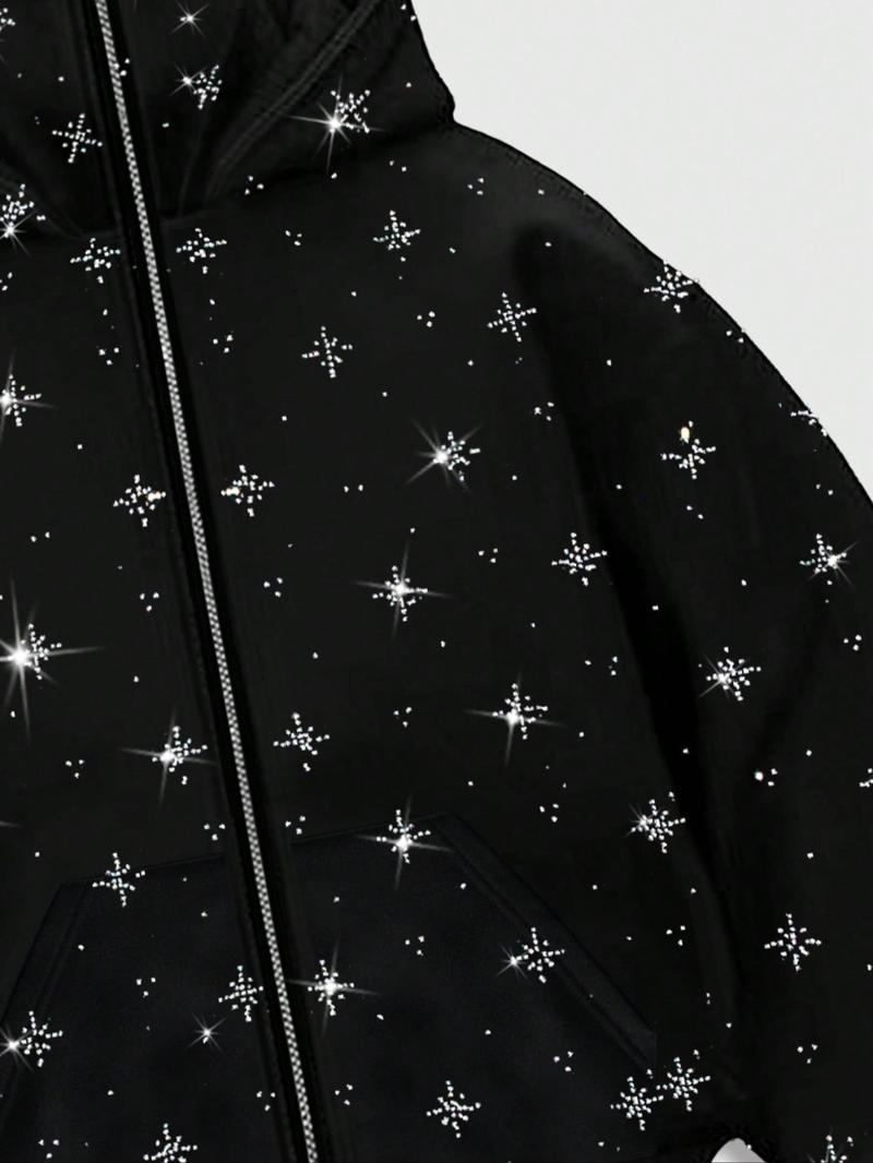 Men's Street Style Rhinestone HooMen's Street Style Rhinestone Hooded Sweatshirt, Pocket and Zip Design, Fall & Winter Wear, Geometric Pattern, Fitted Fitded Sweatshirt, Pocket and Zip Design, Fall & Winter Wear, Geometric Pattern, Fitted Fit