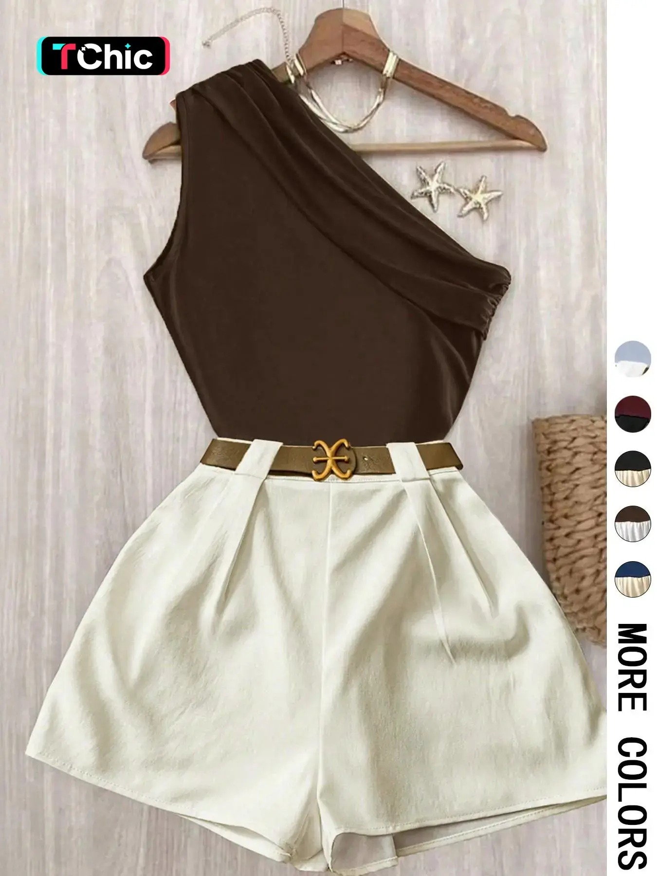 Contrast One-Shoulder Top & Pleated Shorts Matching Set - Ideal for Date Nights, Vacations & Brunch | Comfortable Two-Piece Set, Quiet Luxury Aesthetic- Trendy Baddie Outfit for Office & Going Out | Viral （No Belt）