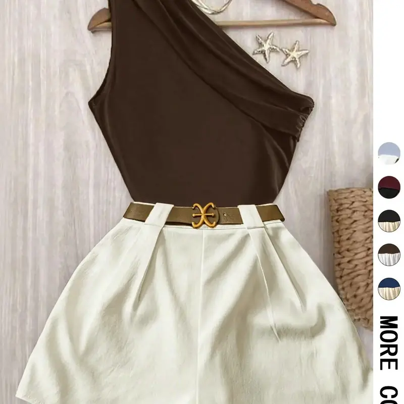 Contrast One-Shoulder Top & Pleated Shorts Matching Set - Ideal for Date Nights, Vacations & Brunch | Comfortable Two-Piece Set, Quiet Luxury Aesthetic - Chic Trendy Baddie Outfit for Office & Going Out | Viral （No Belt）