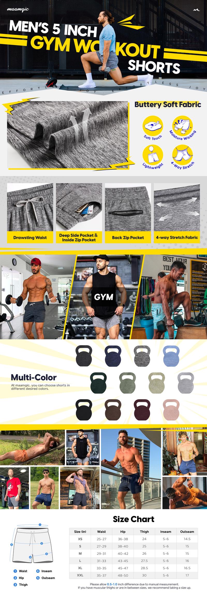 5.5 Inch Workout Stretch Shorts - Zipper Pocket Summer Gray Spandex Mesh Pockets Elastic Waistband Drawcord  Fitness Gear