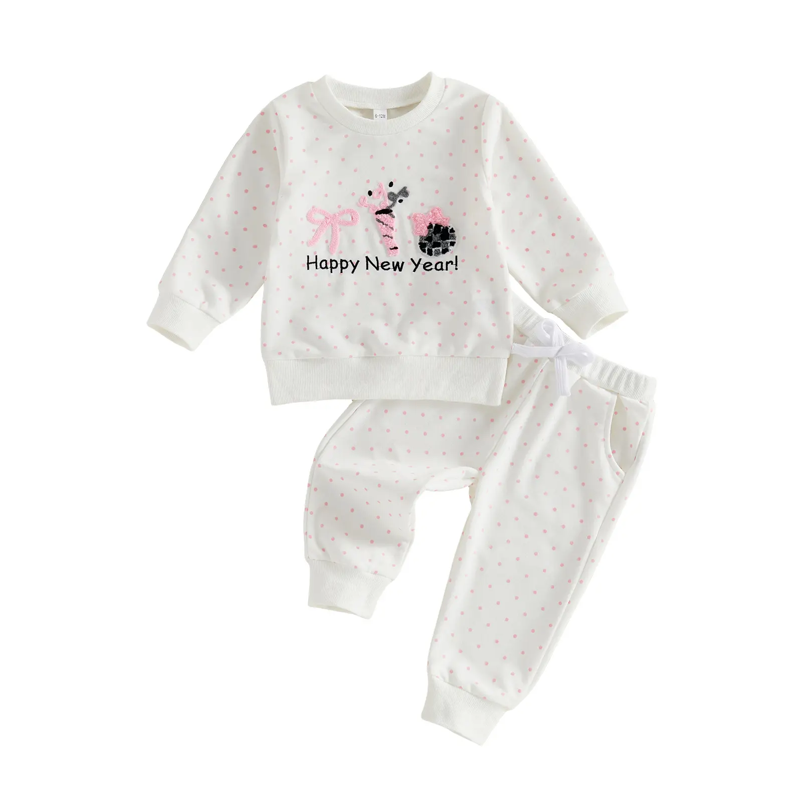 Toddler Baby Little Girl New Years Outfit Bow Embroidery Long Sleeve Pullover Sweatshirt and Pants Set Winter 6M-4T