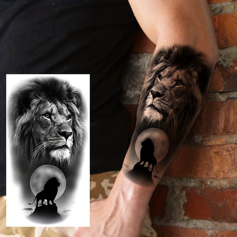 8 Sheets 3D Tribal Wolf Lion Tiger Temporary Tattoos, Men Adult Half Arm Sleeve Tattoo, Dragon Gang Eyes Totem Fake Tattoo Stickers, Body Fake Tattoos
