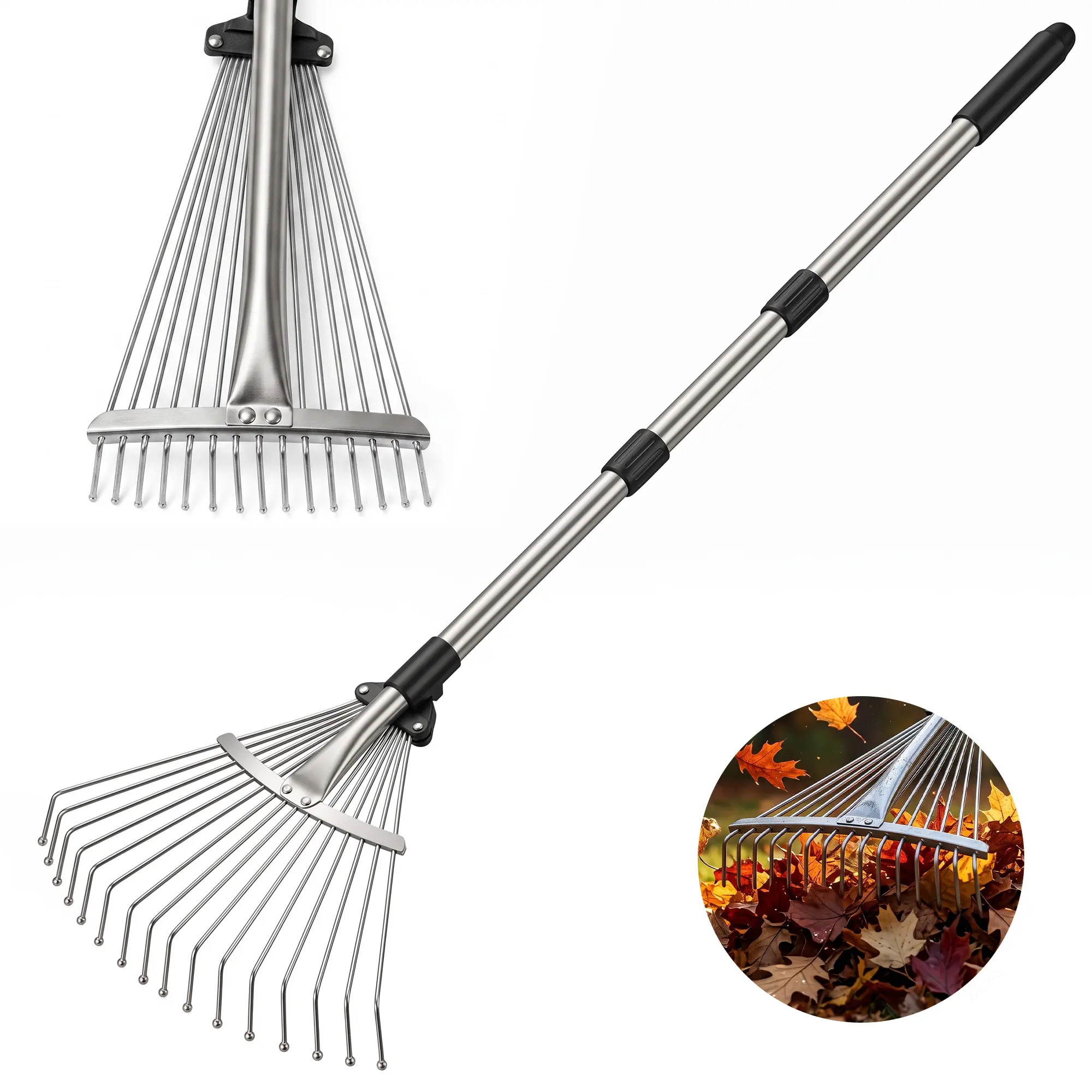 6.8 FT Adjustable Stainless Steel Garden Rake, 6.89-13.39" Expandable Head, Spliced Handle Yard Rake for Lawn Leaves & Debris Cleaning